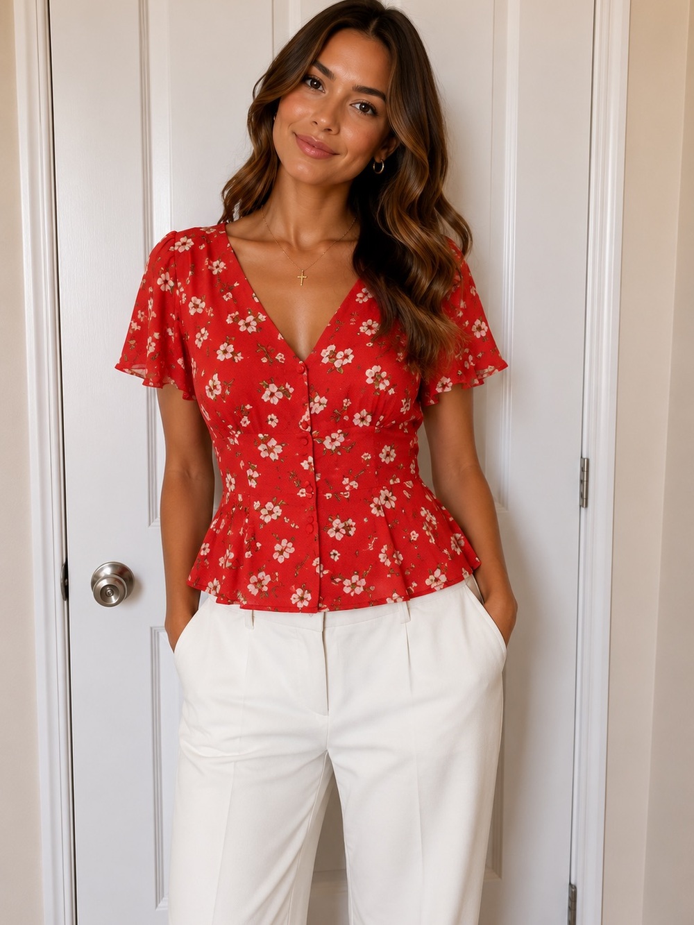Old Navy Red Floral V-Neck Peplum Blouse